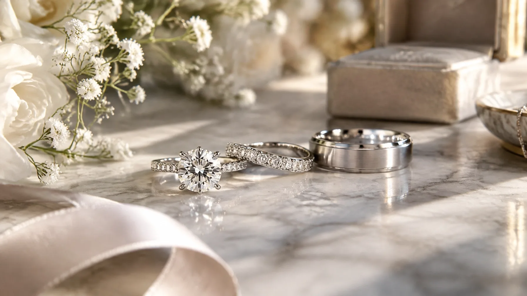Diamond and wedding rings arranged with flowers on a marble table